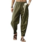 Gafeng Mens Linen Harem Pants Casual Loose Fit Beach Drawstring Elastic Waist Yoga Trousers with Pockets