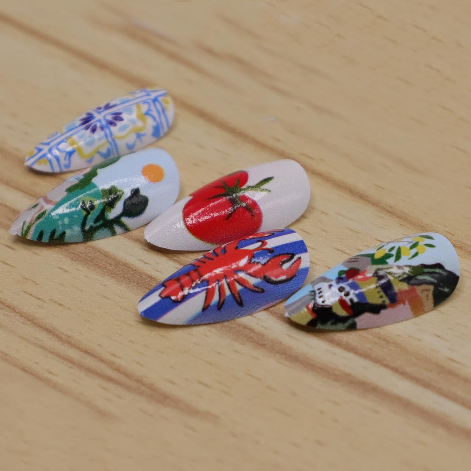 RIICFDD Holiday Nails Almond Press on Nails Short Fake Nails Fruit Acrylic Nails Shrimp Nails Press ons with Blue White Stripe Design Full Cover Glossy Glue on Nails for Women Artificial Nails 24 Pcs - Image 5