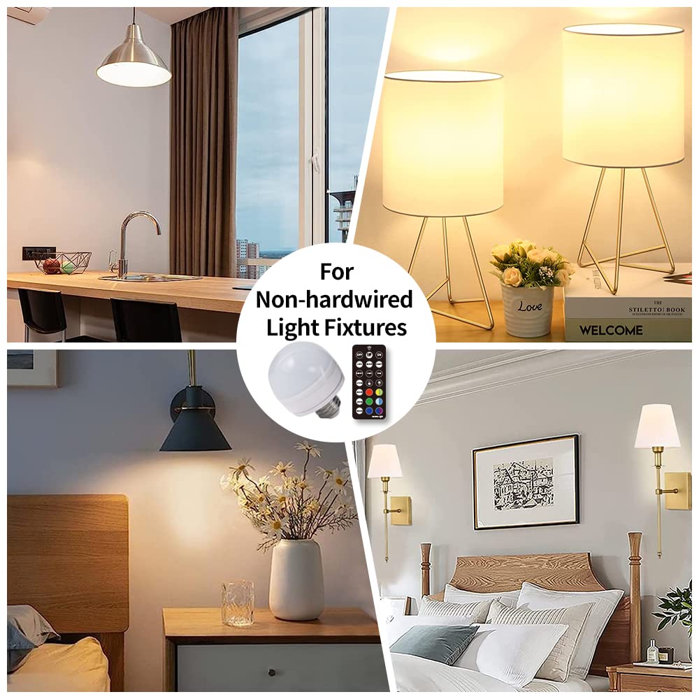 BLUEYE Rechargeable Battery Operated Light Bulb,2Packs,300LM,40W Equivalent,E26 Detachable Charging(E12 available),4 Color Temperature,Remote Control Puck Emergency Lamp,Timer,Dimmer,For Non-Hardwired