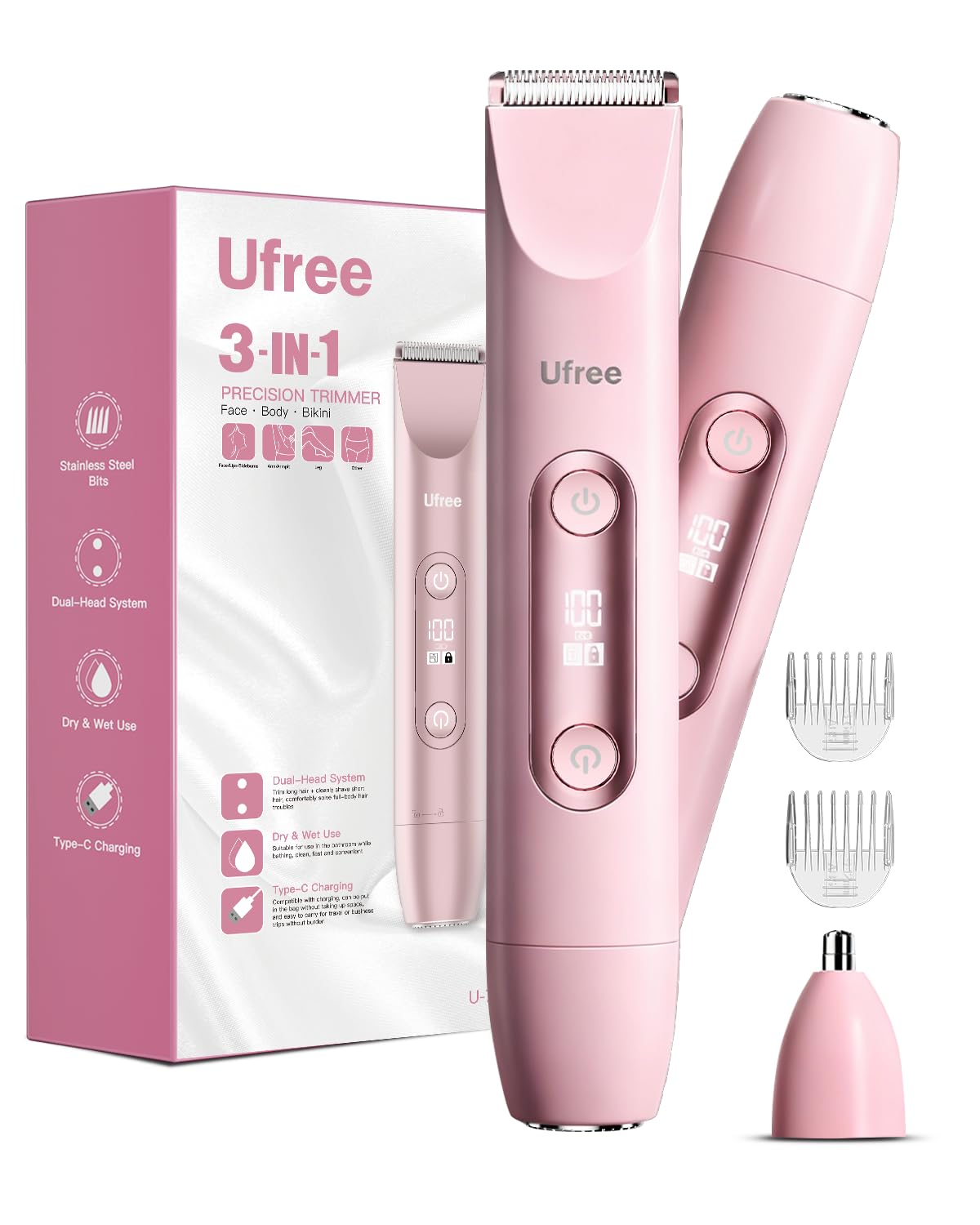 Photo 1 of Ufree Bikini Trimmer Women Electric Razors Dual Head, Pubic Body Hair Trimmer Electric Shaver for Face, Legs, Arm, Rechargeable Lady Shaver Waterproof, Summer Grooming Kit, Gifts for Her