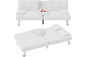 Flamaker Futon Sofa Bed Modern Couch, Convertible Folding Futon Couch Recliner Lounge for Living Room with 2 Cup Holders with Armrest (Faux Leather, White)