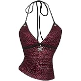 RoseSeek Women's Leopard Print Halter Tops Gothic Deep V Neck Sleeveless Music Festival Crop Top