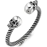 COOLSTEELANDBEYOND Mens Womens Skull Twisted Cable Cuff Bangle Bracelet, Stainless Steel, Polished, Elastic Adjustable