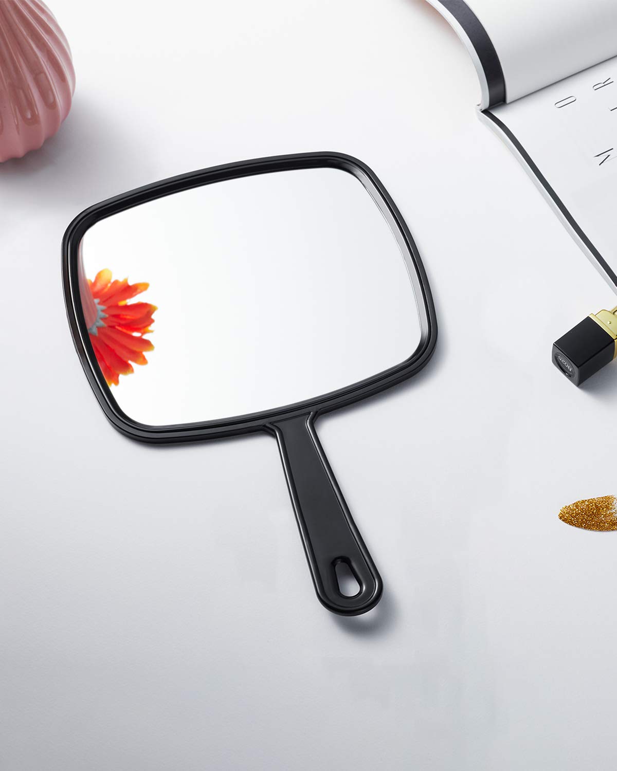 PROTECLE Large Hand Mirror, Salon Barber Hairdressing Handheld Mirror with Handle (Square Black 10.3