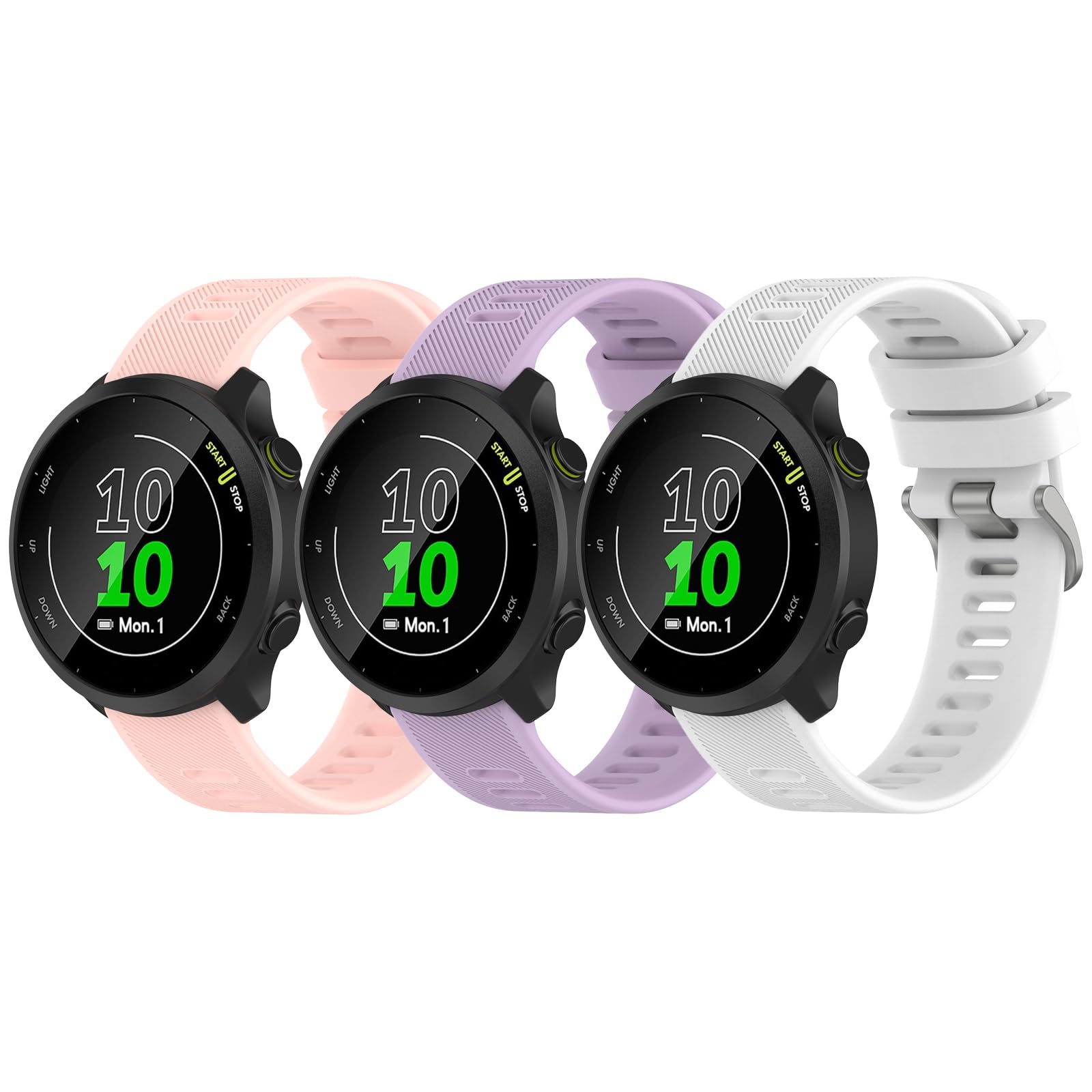 Garmcool 3 Pack Strap Compatible with Garmin Forerunner 55/245/645/165/158, Venu, Venu Sq/2 Plus/Sq 2 Women Men, Silicone Classic Replacement Band Pink, Lilac, White (Strap Only) — image 1