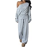Verdusa Women's 2 Piece Outfits Off The Shoulder Sweatshirt with Wide Leg Sweatpants Airport Outfits