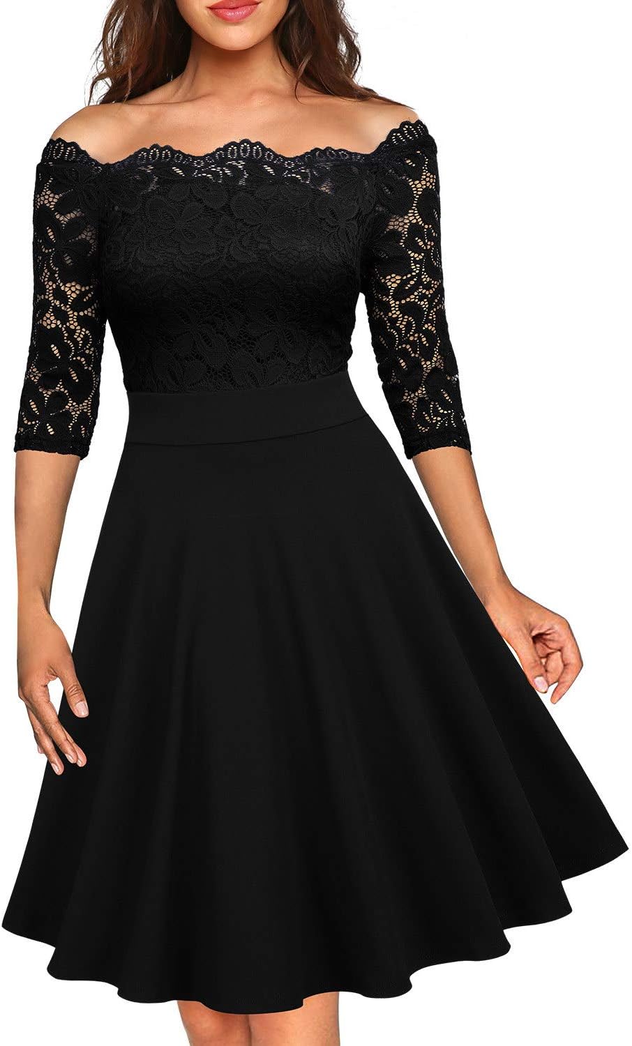 MISSMAYWomen's Vintage Floral Lace Half Sleeve Boat Neck Formal Swing Dress