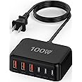 USB C Charger Block, 100W GaN 6 Port PD USB C QC USB A Wall Charger Adapter Plug Cube, Super Fast Type C Charging Station Hub for iPhone 16 15 14 13 12 Pro Max iPad Samsung Pixel 5ft Extension Cord