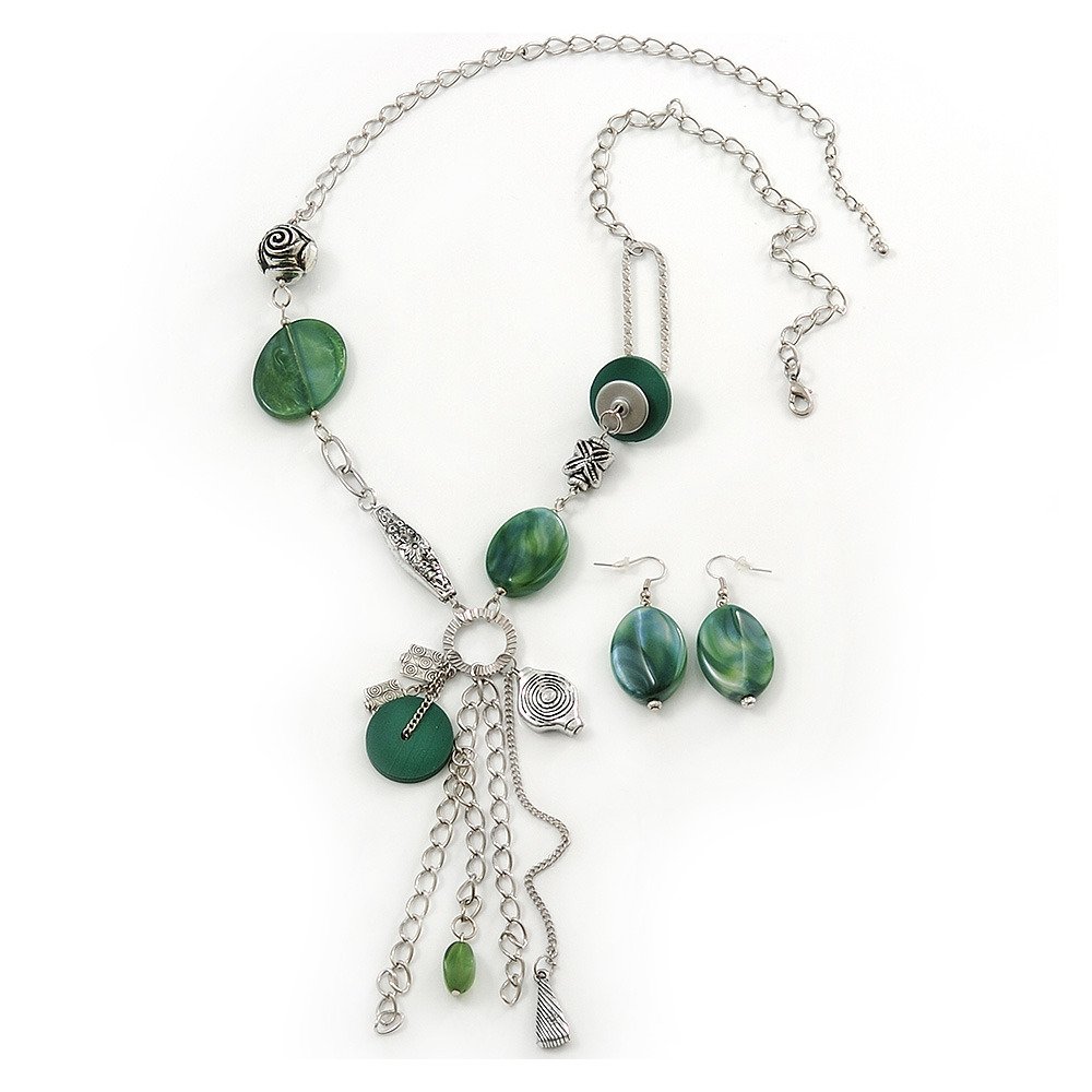 Avalaya Long Green Resin Nugget Tassel Necklace and Earring Set In Silver Tone - 78cm Length (5cm extension)