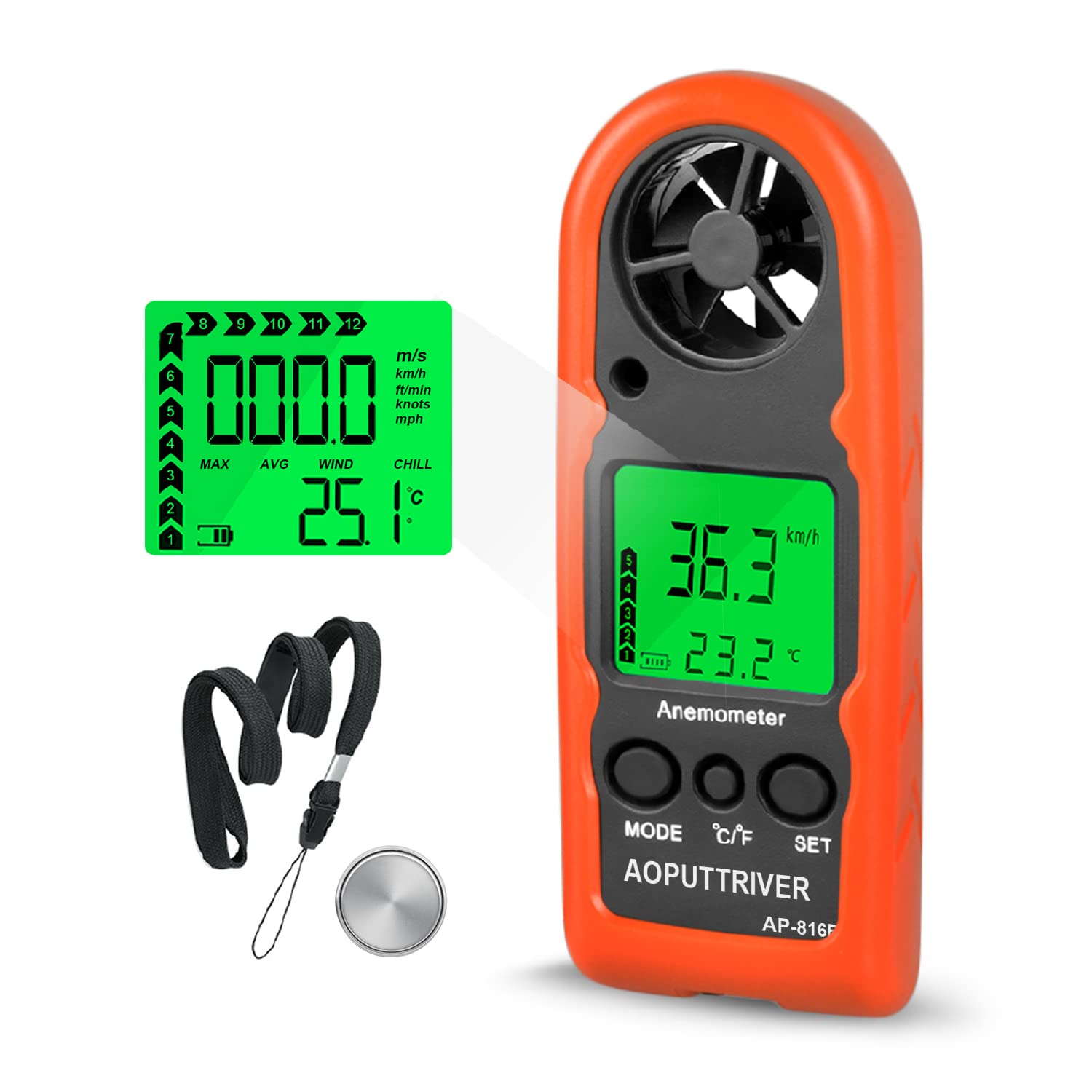 AP-816B Mini Anemometer with Protective Shell for Measuring Wind Speed, Temperature and Max/Average/Current - Ideal for Windsurfing, Sailing, Fishing and Outdoor Activities