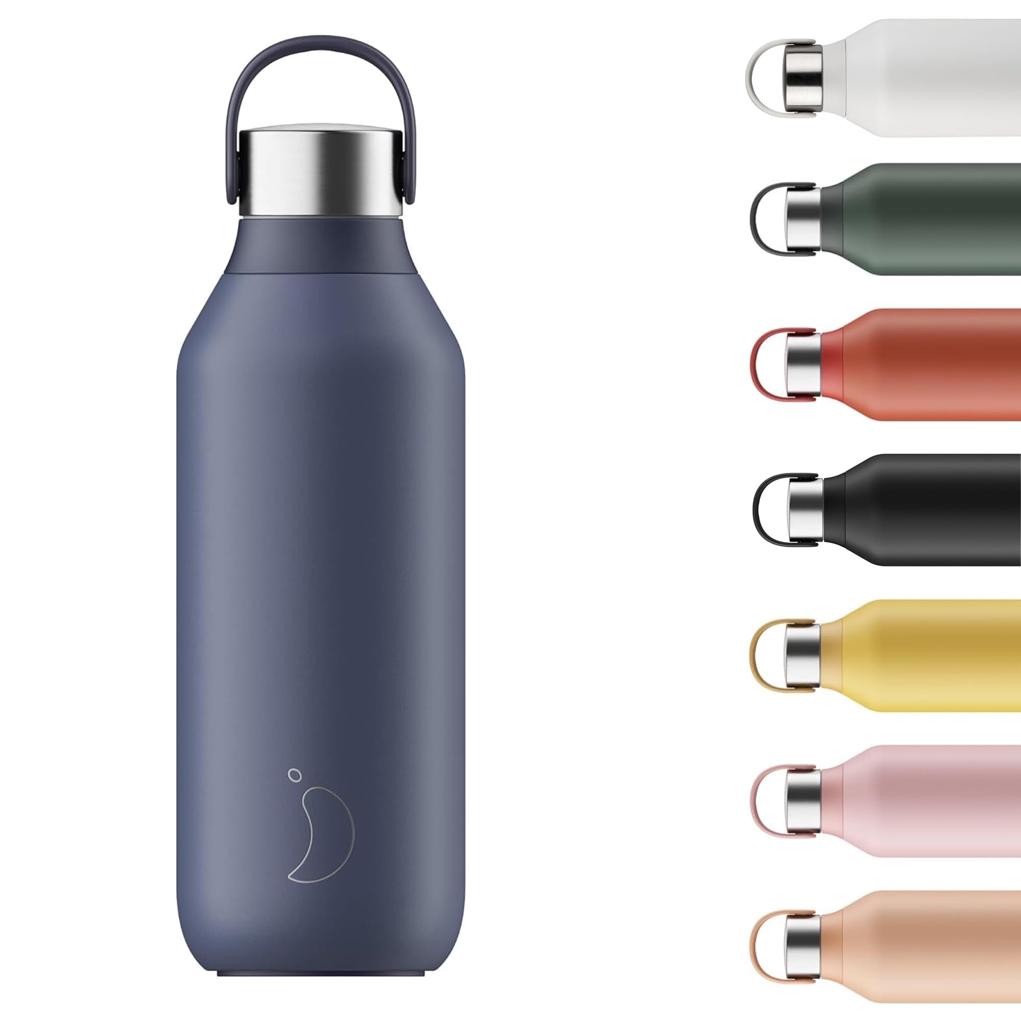 Chilly's Series 2 Water Bottle - Vacuum Insulated Stainless Steel Water Bottle with Soft Collar & Carry Loop, Thermal Flask for Hot & Cold Drinks - Leak Proof, No Sweat - Whale Blue, 500ml