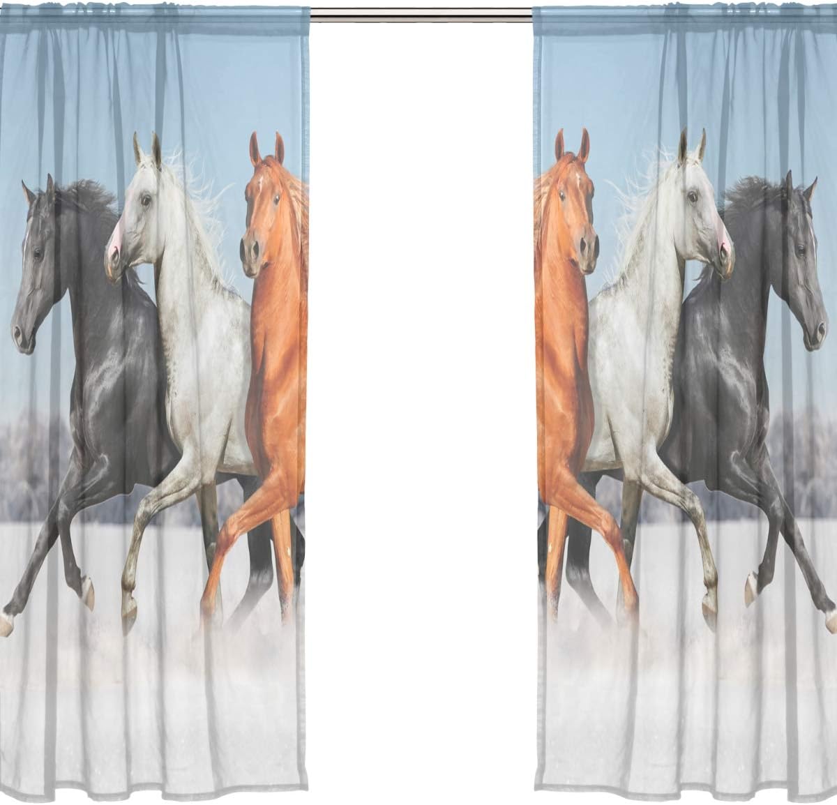 Orediy Voile Sheer Curtains 2 Panels Running Horse 40% Blackout Rod Pocket Long Curtain Window Treatment Bedroom Living Room Decor 200x140 CM