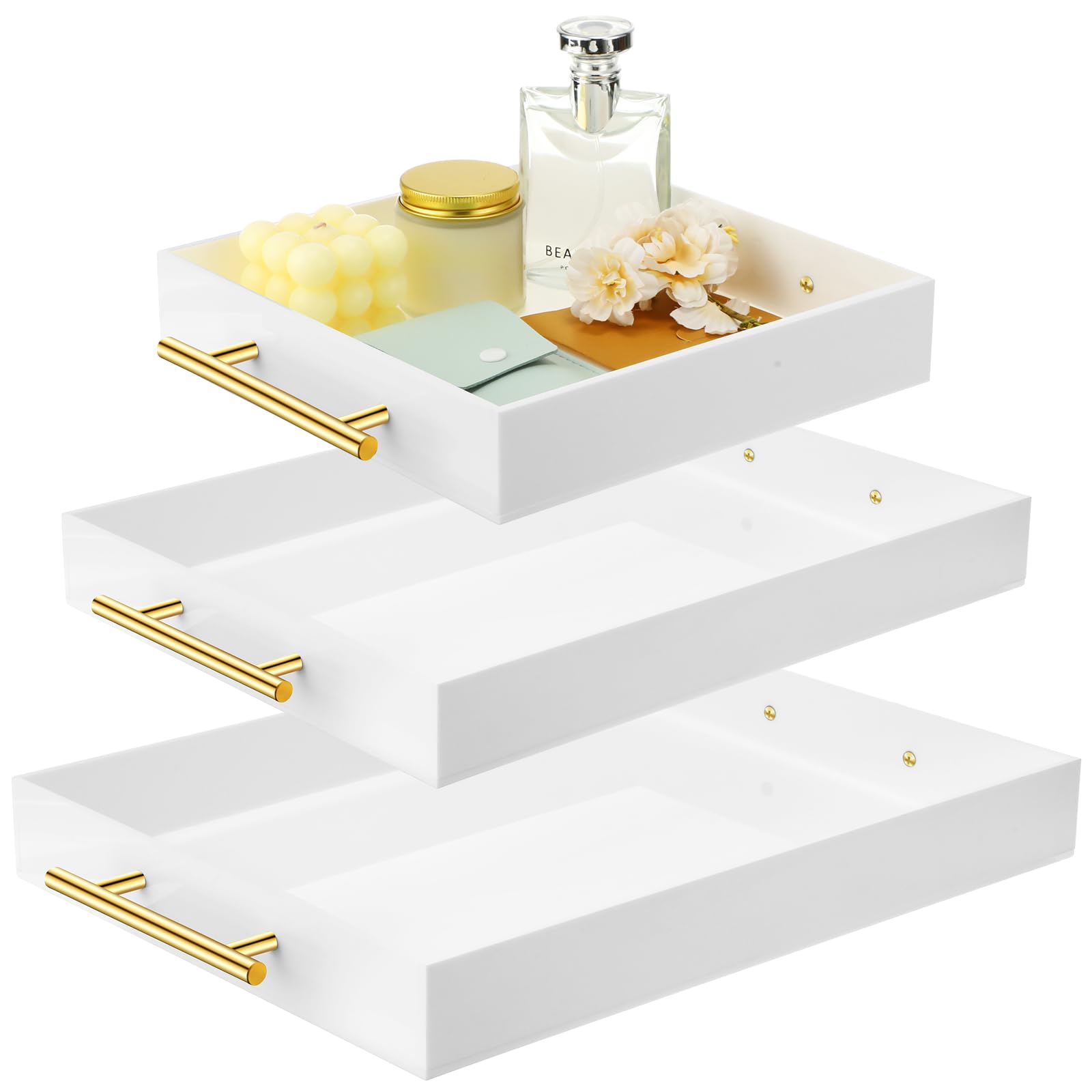 Photo 1 of meekoo 3 Pcs Tray with Handles Acrylic Serving Tray Spill Proof Acrylic Bathroom Decorative Organizer for Coffee Table Countertop Appetizer 12x16 11x14 10x10 Inch(White with Gold Handle)