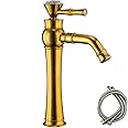 Bathroom Tall Vessel Bowl Sink Faucet with Luxury Gold Tap Single Handle,One Hole Lavatory Basin Vanity Mixer Tap