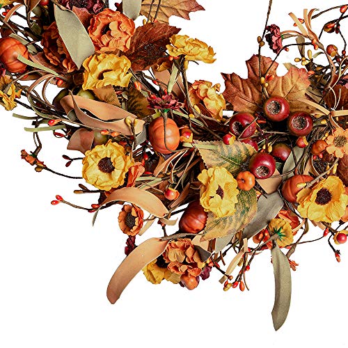 Artificial Fall Wreath,22” Floral Wreath with Berries and Pumpkins