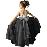 zikusel Lace Applique Tulle Flower Girl Dress for Wedding Sleeveless Long Satin Bow Knot V-Back Elegant Formal Dresses