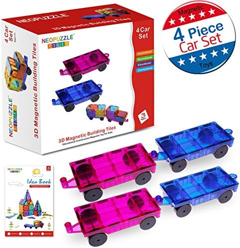 Magnetic Building Tiles 4 Piece Cars Set, Kids Magnet Toys Magnetic Blocks Wheel Bases for Kids Children
