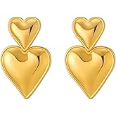 Apsvo Chunky Gold Heart Earrings for Women, Lightweight Drop Earrings Dangle Double Heart Earrings Gold Plated Earrings Fashion Trendy Jewelry