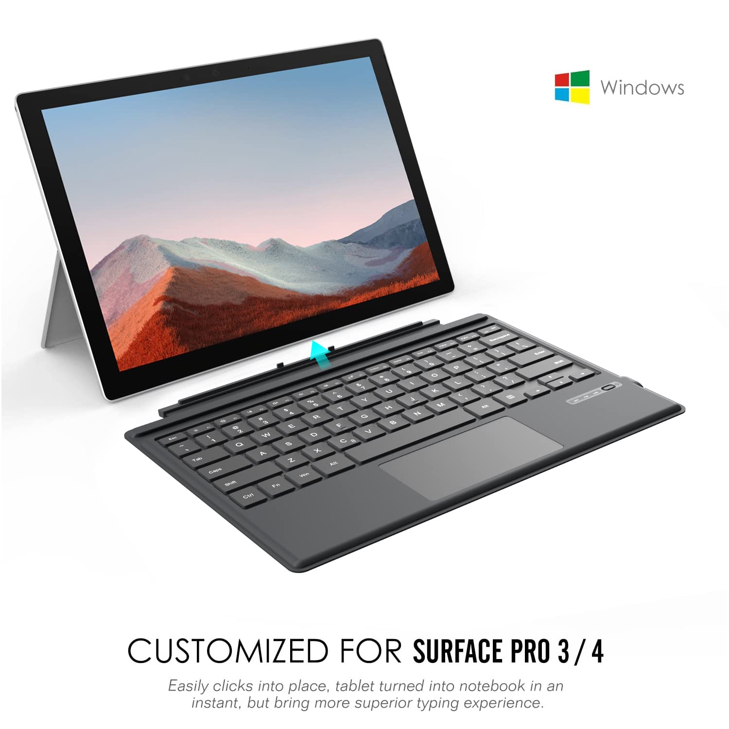 MoKo Type Cover Compatible for Microsoft Surface Pro 7 Plus/Pro 7 / Pro 6 / Pro 5 / Pro 4 /Pro 3, Lightweight Slim Wireless Bluetooth Keyboard with Touchpad and Built-in Rechargeable Battery, Gray