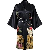 TicyLuck Women's Silk Kimono Robe Short Bathrobe Nightgown 100% Mulberry Silk for Women - Classic Floral Pattern