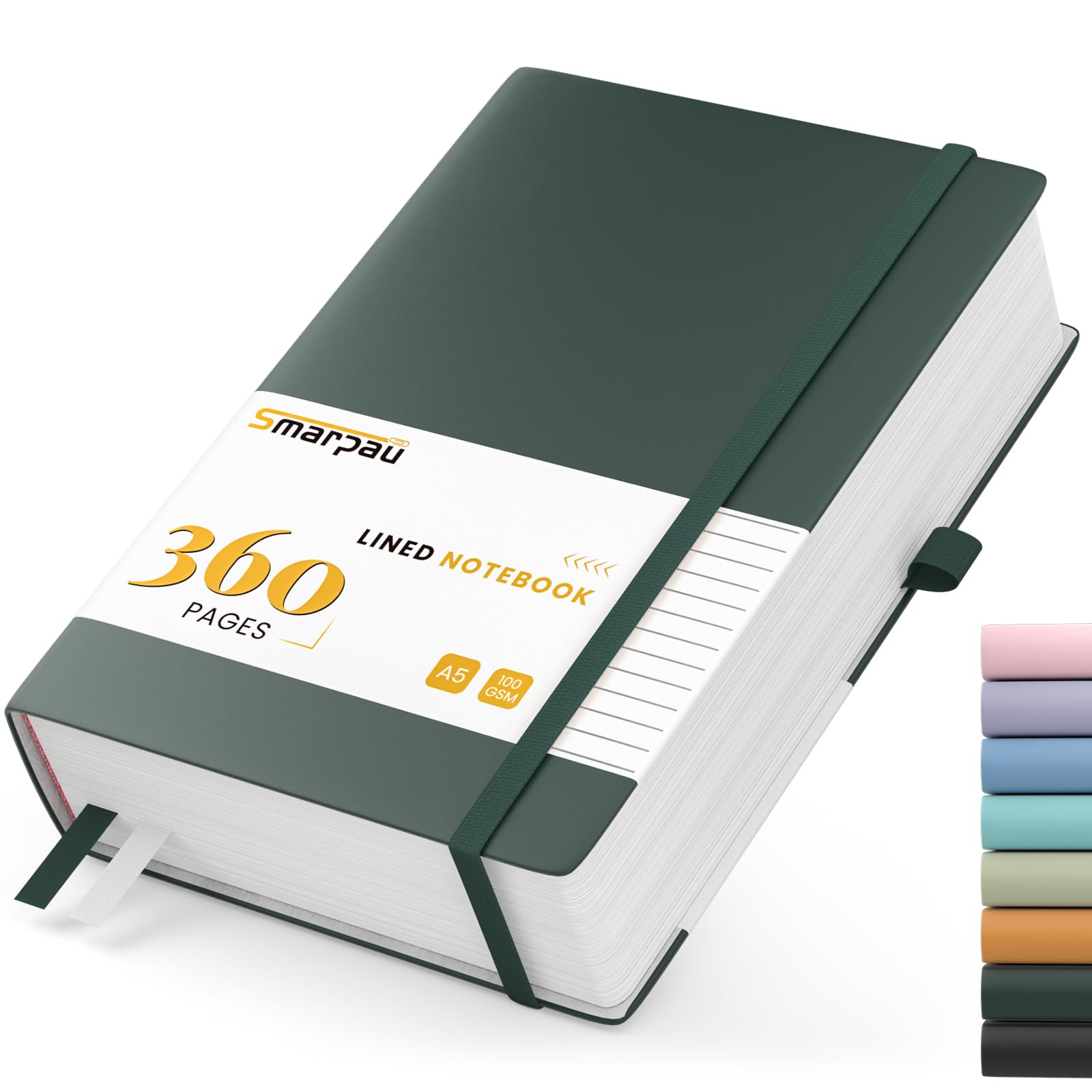 Smarpau Lined Journal Notebook A5, 360 Pages Composition Notebooks with Sticky Notes, 100gsm Thick Paper Leather Journal for Women Men School Office Writing, 14.5 x 21cm - Deep Green