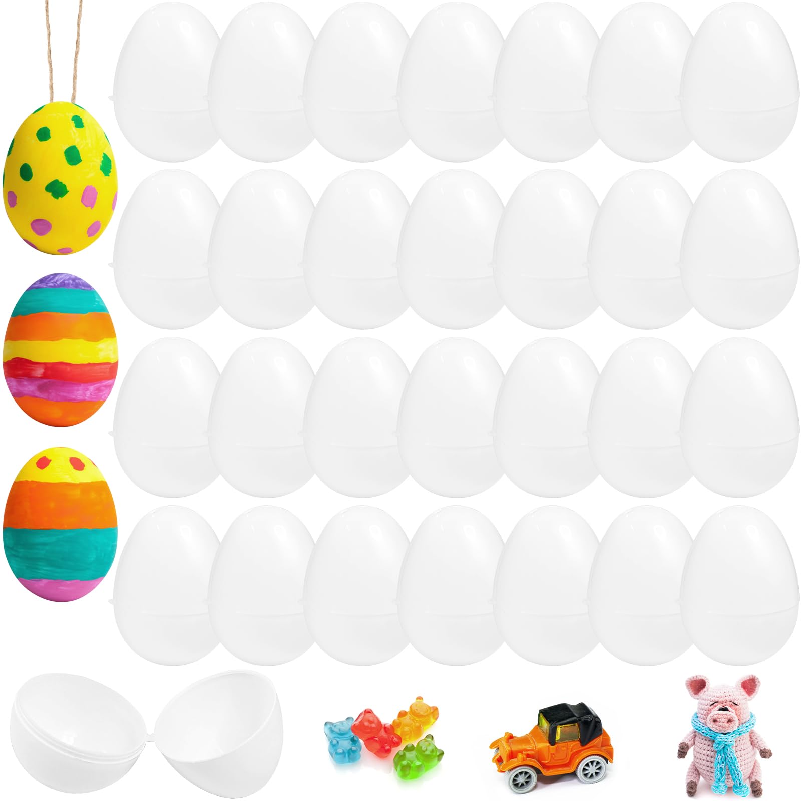 Bvrbaory 50 Pack White Plastic Easter Eggs,2.4 Inch DIY Empty Blank Eggs,Fillable Painting Easter Eggs for Basket Stuffers,Party Supplies,Multi-Item Party Favor Packs