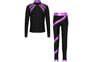 Hansber Kids Girls 2Pcs Figure Skating Suit Ice Skating Jacket with Practice Leggings Ice Skating Pants Set