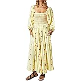 Willow Dance Women Casual Bohemian Floral Dress Square Neck Ruffle Swing A Line Long Sleeve Beach Maxi Dress with Pockets