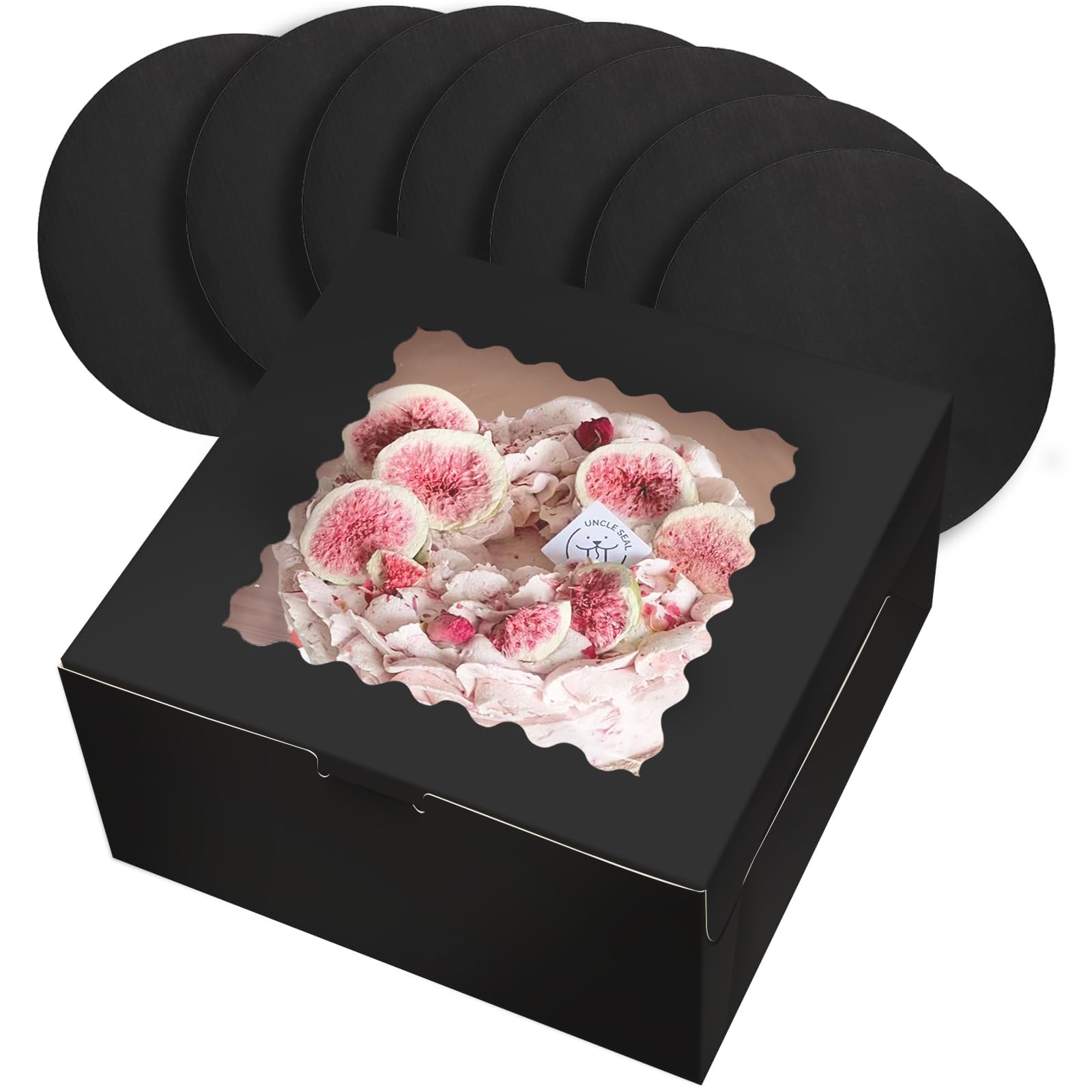 Gcardist 25.5x25.5x12.7cm Cake Box, 5 Sets Black Cake Pan with Window & 5 Sets 25.5cm Round Cake Tray Black, Cake Box 25.5cm (10x10x5 inches)