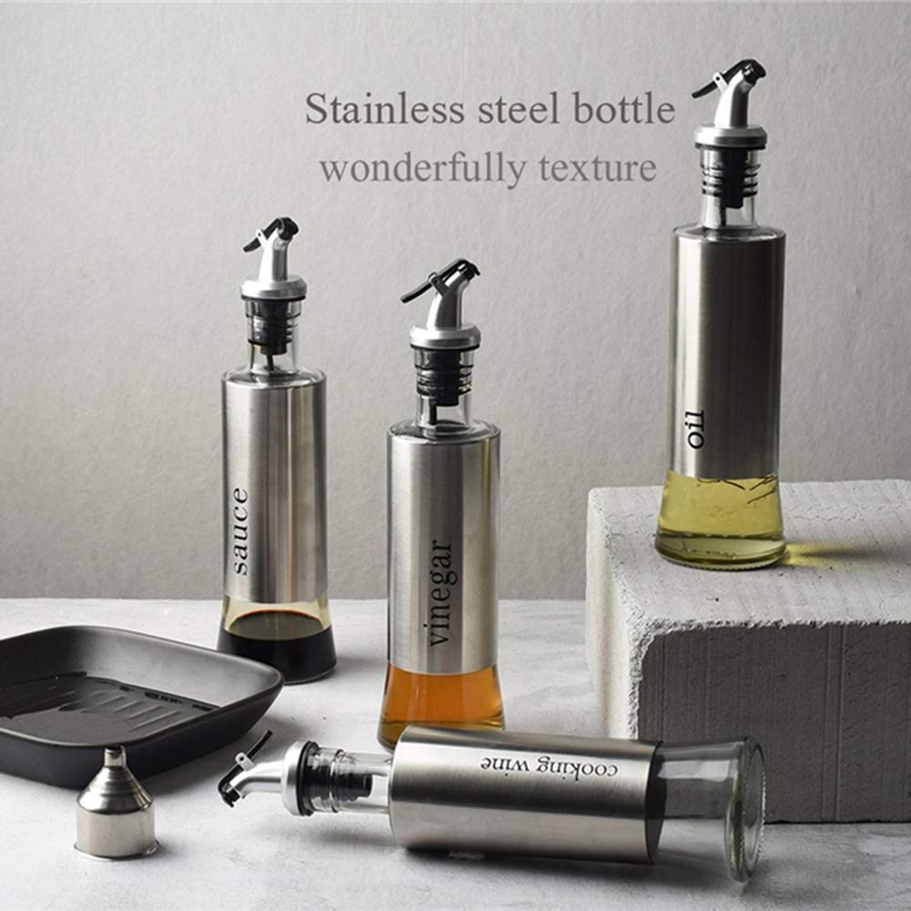 Oil Vinegar and Sauce Dispenser Bottle with Stainless Steel funnel - 11oz/300ml Oil Vinegar and Sauce Cruet Pourer Dispensing Glass and Stainless Steel Bottles for Kitchen