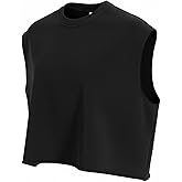 Men’s Cropped Boxy Sleeveless T-Shirt, Oversized Heavyweight French Terry Streetwear Muscle Tee with Raw Hem