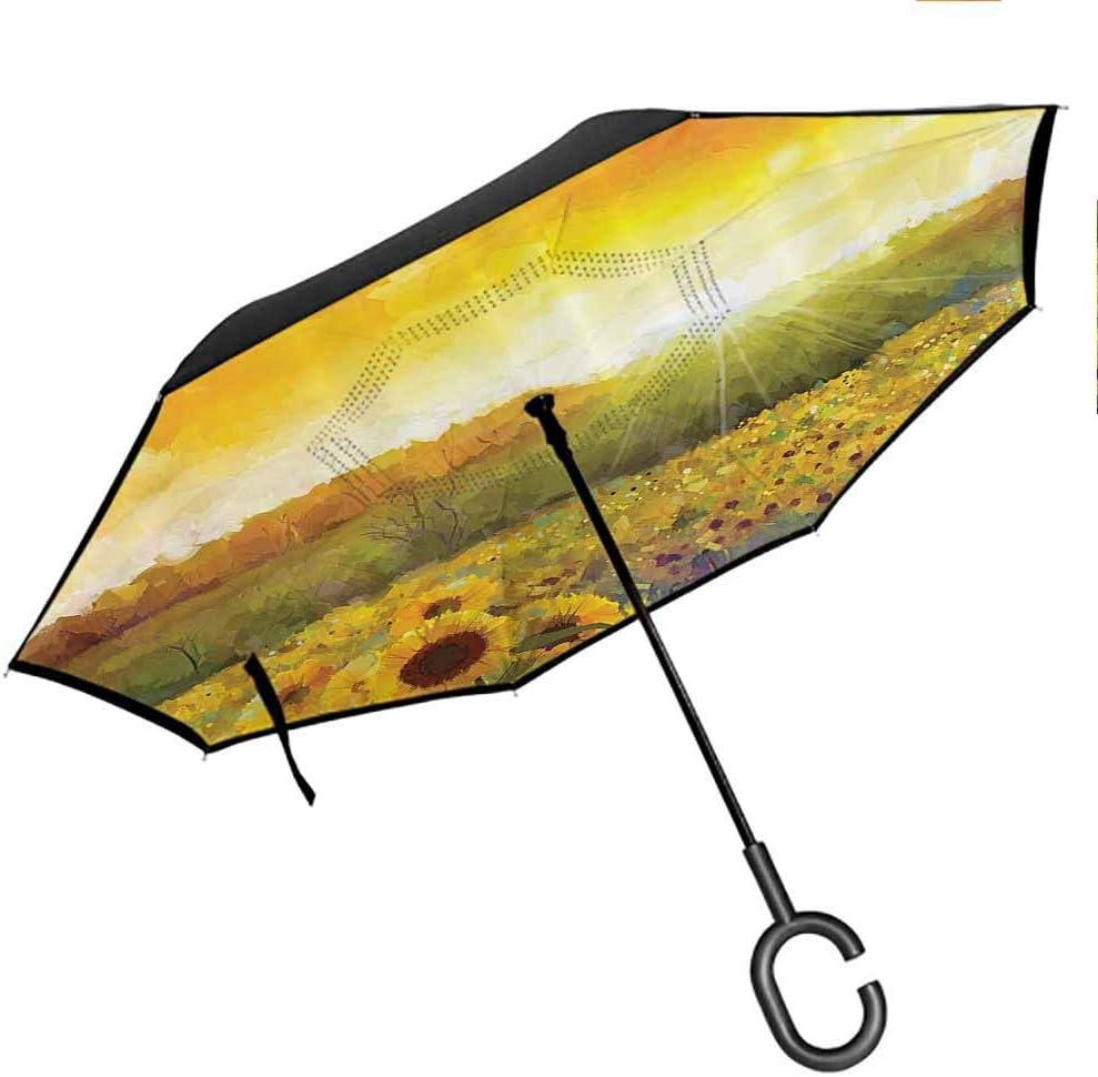 Sunflower Decor Reverse Umbrella, Double Layer Inverted Umbrella Upside Down, C Shape Handle