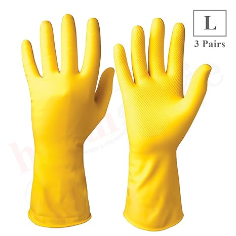 Healthgenie Flocklined Latex Cleaning Reusable Hand Glove (Large, Yellow, 3 Pairs)