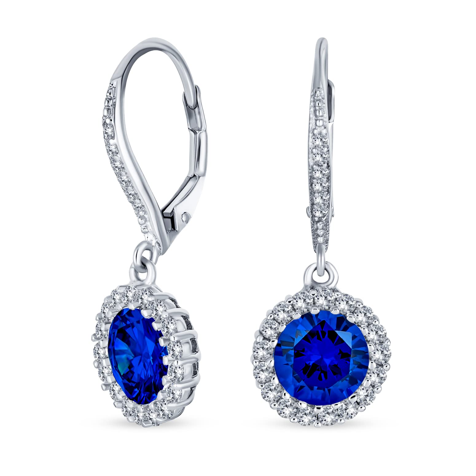 3.5CT Blue Round Solitaire Halo CZ Leverback Dangle Earrings Simulated Sapphire Cubic Zirconia .925 Sterling Silver — image 1