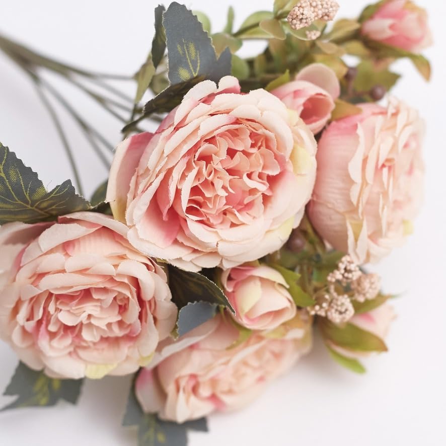 The Baked Studio - Silk Peony and Tea Rose Artificial Bouquet 9 Heads Realistic Fake Plant for DIY Craft Cake Living Room Home Wedding Decoration (PRETTY PEACH)