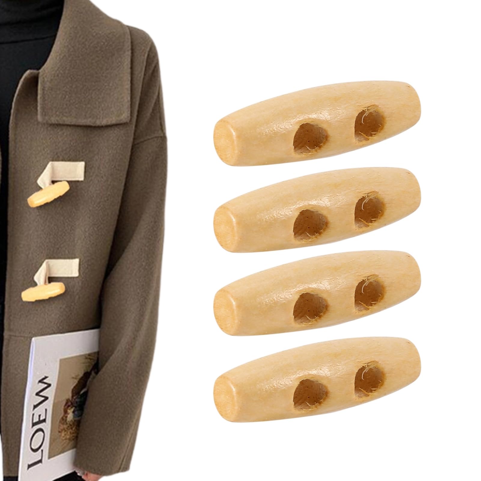 50pcs Wooden 2-Hole Toggle Buttons, Eco-Friendly 30mm Horn Design for Coats, Sweaters, and DIY Sewing Projects