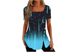 DOVFORD Square Neck Tops for Women Retro Floral Print Split Tee Short Sleeve Tunic Tshirt Summer Dressy Casual Ladies Blouses