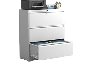 IKIMI 3 Drawer Lateral File Cabinets with Lock,White Metal Lateral Filing Cabinet for Home Office,Wide Steel Storage Cabinet Commercial Drawer Cabinet for Legal/Letter/A4 Size Files