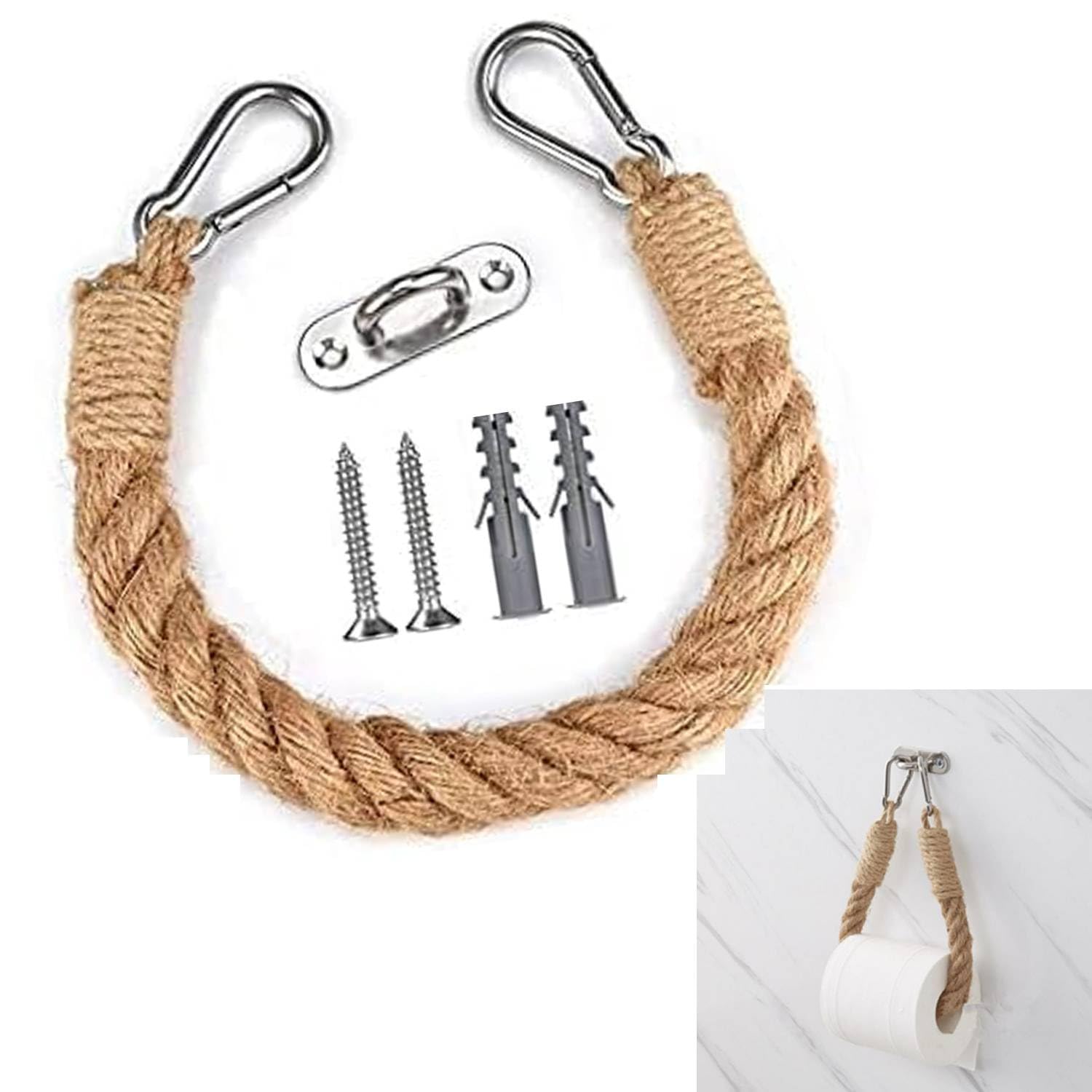 Uskerb Rope Toilet Roll & Towel Holder - Handmade Jute Decor | Wall Mounted, Rustic Bathroom & Kitchen Accessory with Metal Hook