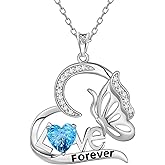 Aurora Tears Birthstone Love Heart Butterfly Pendant Necklace - 925 Sterling Silver Firework-Cut Cubic Zirconia Love Forever Necklace Anniversary Birthday Jewelry Gift for Women Wife Mom Daughter