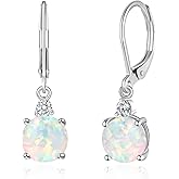 Datiny Round-Cut Opal Dangle Earrings Trendy 14k Gold Plated Dangle Earrings Leverback Gemstone Drop Earrings Hypoallergenic Birthstone CZ Earrings Jewelry Gifts for Women