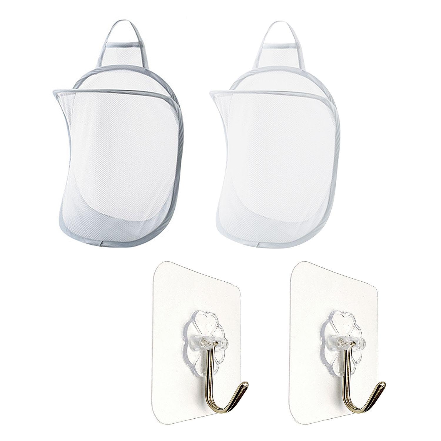 2 Pieces Of Dirty Clothes Mesh Bags, 2 Pieces Of Hooks, Foldable Storage Basket, Wall-Mounted Storage Bag, Mesh Breathable Dirty Clothes Basket, Bathroom Storage Bag, Mesh Dirty Clothes Basket