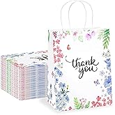 Purple Q Crafts Thank You Gift Bags 50 Pack 8" X 4" X 10" Small Paper Bags With Handles Floral Design Thank You Bags For Business, Boutique, Gifts, Wedding Favors…