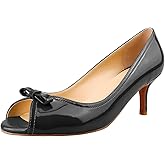 LEMUTISME Women's Fashion Patent Leather Peep Toe Bow Tie Kitten Heel Dress Pumps Comfort Open Toe Slip On Low Heel Bow Summer Sandals
