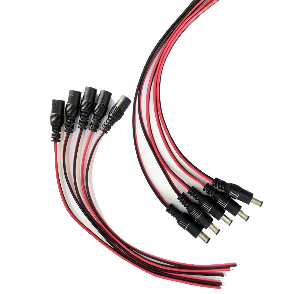 AsanWise 5Pairs DC Power Pigtail Cable Male Plug and Female Socket 2.1x5.5mm, 12V 5A for CCTV Security Camera and Lighting Power Adapter, 26cm