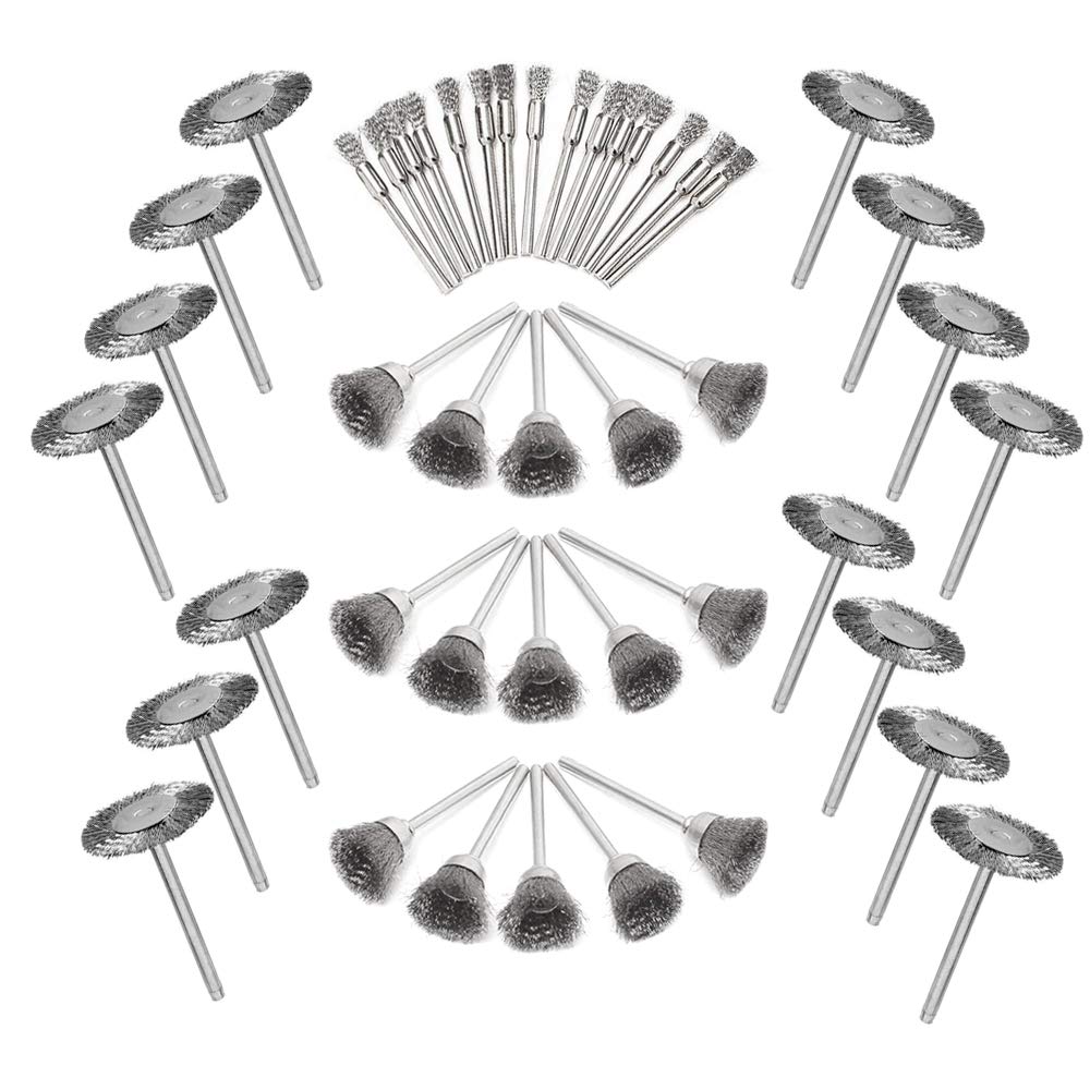 Mesee 45Pcs Polishing Wire Brush Set with 3mm Shank, Steel Wire Wheel Brushes Cup Pen Cleaning Buffing Accessories Kit Fit Rotary Drills Tool - Silver