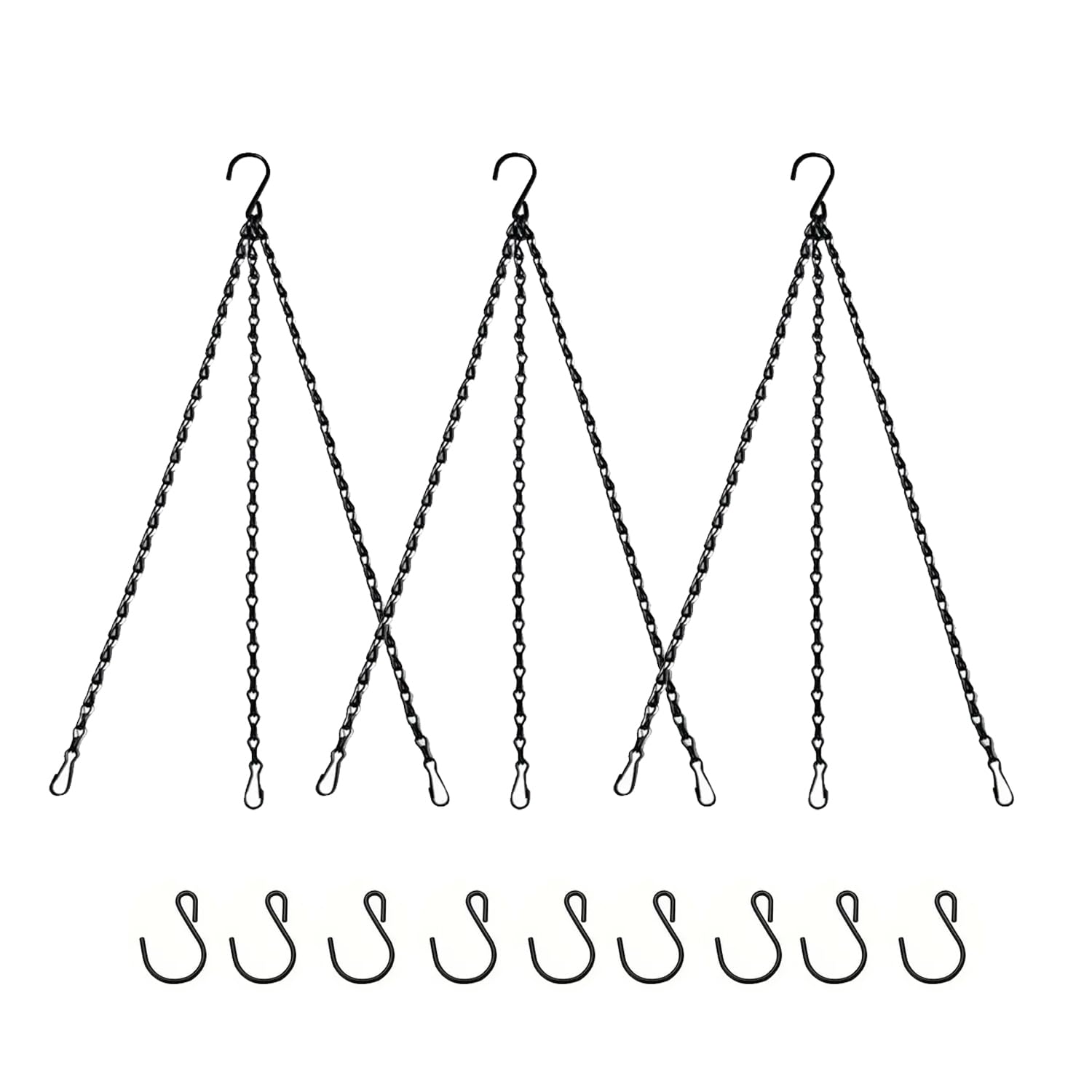 Ompinda Plant Basket Hanging Chains, 3 Pack 3 Leads Black Metal Garden Hanging Flower Pot Chains with Hooks and Clips for Planters, Bird Feeders