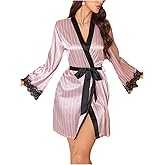 SOLY HUX Women's Striped Silk Robe Satin Lace Bathrobe Kimono Bridesmaid Bride Wedding Party Robes Sleepwear with Belted