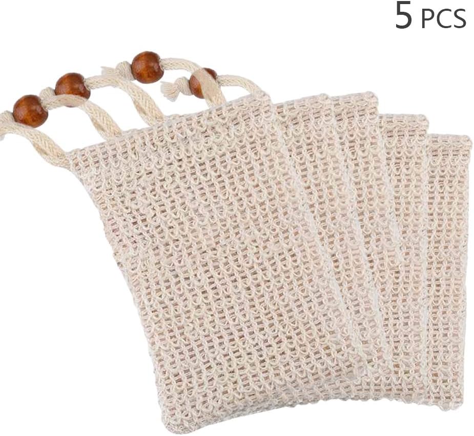 FGRYB 5PCS Soap Bags Drawstring, Natural Sisal Soap Organic Bag Shower Bath Exfoliating Soap Saver Pouch Reusable Soap Foaming Net for Bathing Washing Body Facial Cleaning Foaming Drying Soaps