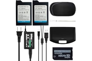 TFSeven 2Pcs High Capacity Rechargeable Lithium Ion Replacement Sony PSP-110 Battery + AC Adapter 5V 2A Wall Travel Power Supply Compatible for PSP 1000 Series Accessories Kit